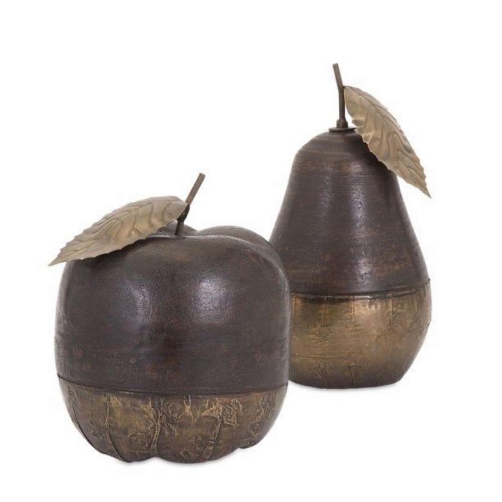 Brass/wood Apple & Pear Home Decor Set